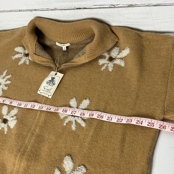 Easel Daisy Floral Zip Up Sweater Brown Tan Flower Knit Cardigan Size Small - Picture 5 of 7